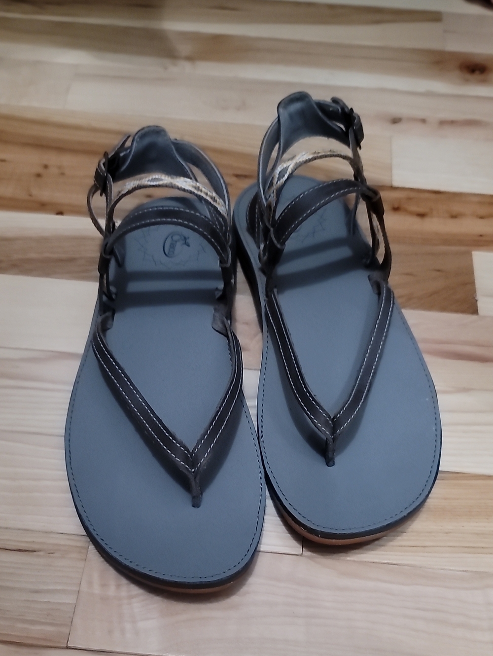 Chaco Gray Strappy Thong Sandals with Brown Accents